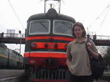 Lindsey in front of the trans-siverian to Irkutsk